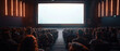 © petrrgoskov - Large audience watching a movie in a modern cinema hall with a bright blank screen, ideal for concepts of entertainment, film industry, media, leisure, and events.