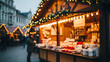 © Amanda - Festive Christmas market stall glowing with string lights, a shopper browsing handmade sweets in a European town square.
