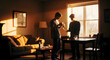 © Jaubyda - Two men standing in a dimly lit living room with a warm glow from a window