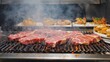© Ilya - Sizzling Prime Cuts of Beef on a Grill, Surrounded by Delicious Sides and a Cloud of Flavorful Smoke in a Vibrant Kitchen Setting