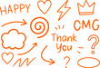 © almamun366 - Hand Drawn Orange Doodle Icon Collection with Happy Text, Thank You, OMG, Hearts, Arrows, Crown, Lightning Bolt, Cloud and Question Marks