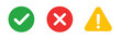 © Point Nemo - Success, error and warning status icon set with check mark, cross and alert triangle symbols. Solid green, red and yellow indicators for app and web interface design