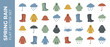 © Azharul - Set of 24 Flat Vector Icons for Spring Rain Gear in a Muted Editorial Palette; Features Umbrellas, Raincoats, Slickers, Rubber Boots, Rain Clouds, Puddles, and Hats Arranged in a Neat Grid Layout.