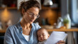 © Kateryna - Busy faceless mother reading important papers while baby sleeps peacefully work life balance home office parenting multitasking parent family and career domestic workspace