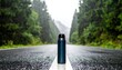 © Matthew - A steel thermos stands alone on a wet road surrounded by lush green trees in rainy weather