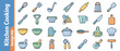 © Hamza - Vector Icon Set of 24 Kitchen Cooking Utensils in Flat Design Style with Playful Rounded Shapes. Includes Whisk, Spatula, Ladle, Tongs, Rolling Pin, Grater, Knife, Pot, Pan, Apron, Chef Hat, and