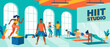 © Ch Talha - Modern HIIT studio flat vector illustration featuring diverse people exercising. Includes box jumps, kettlebell lifting, and planks on mats. Vibrant gym interior with trainer and athletes.