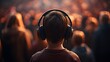 © Intellectual - AI generated image of back view on a boy in the autism spectrum wearing noise cancelling headphones and standing out of the crowd