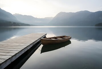  Alpine Lake Dock In Blond Timber With Moored Wooden Rowboat For Peaceful Mountain Travel And Photography