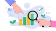 © Ultimate - Hands interacting with a data analysis visualization including a bar graph magnifying glass and checkmark representing growth and scrutiny high quality professional detailed modern elegant stylish