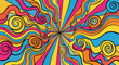© Cil - Padrão psicodélico abstrato vibrante com ondas coloridas e espirais, evocando a estética retrô dos anos 60 e 70.