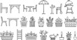 © Jenz0 - Outdoor patio furniture line art set featuring tables chairs grill umbrella planters