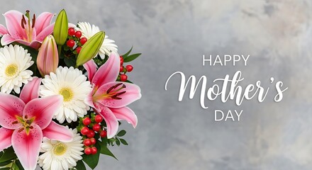  Happy mother's day greeting card with beautiful pink lilies and white daisies bouquet