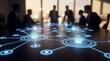 © CuteBee - A vibrant blue digital network pattern illuminates a conference table, with blurred business people holding a meeting in the background.