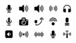 © DesignHub - A collection of black glyph icons depicts various audio video and connectivity features including microphones speakers and headphones high quality professional detailed modern elegant stylish clean