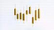 © BonikArt - 3D illustration of golden candlestick bars representing a financial trading chart on a lined notebook background, symbolizing investment, stock market analysis, and price movement.