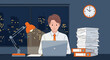 © charli - Man working late on laptop at office desk with stacks of documents and lamp beside a window at night time