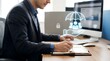 © Prime path 515 - Insurance protection concept with business professional working at computer digital umbrella icon risk management and policy coverage
