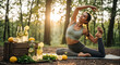 © THIBNH - Serene woman practicing yoga in lush green nature featuring detox drinks with fresh lemon slices and aromatic herbs for holistic health wellness and organic body cleansing ritual