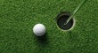 © Kahar - Overhead shot of a golf ball near a hole with the flagstick inside. Lush green grass surrounds the ball and hole