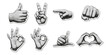© Ninja in Pajamas - Cut out hand emoji gestures set. Various halftone hands signs vintage dotted stickers. Modern retro vector illustration for mixed media design, collage and scrapbook isolated on transparent background