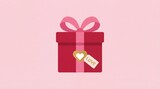 Red gift box with a pink ribbon bow and love tag on a pink background.