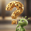 © ASPmedia - A cute alien and a question mark made of coins . Generated AI