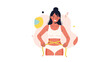 © Rasheda - Young fit woman in white underwear measuring her slim waist with a yellow tape measure to track her weight loss and fitness goals at home.