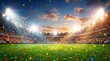© CuteBee - A vibrant football stadium illuminated by powerful spotlights and showering with colorful confetti, celebrating a grand victory or major sporting event at sunset.