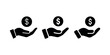 © MstPoliAkther - Collection of three solid icons with hand holding dollar coin representing financial support charity giving economy investment money donation
