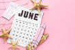 © Pixel-Shot - Calendar with tickets and beach decor on pink background. Summer vacation concept
