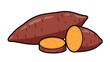 © John - Whole and sliced purple sweet potatoes with bright orange flesh shown in a warm and inviting food illustration for cooking.