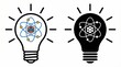 © Aoun - Two glowing light bulbs with atomic symbols inside, radiating energy, labeled innovation and discovery, representing creativity, science, progress, and bright ideas in a modern vector style.