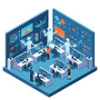 © WanAhmadNaim - Isometric vector illustration of a futuristic AI-powered workplace with a business team collaborating and working together in a smart office automation setting with human-AI synergy.