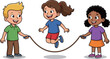 © Yu - An energetic illustration of three children playing happily together, jumping rope outdoors, capturing the spirit of childhood fun and friendship in a bright and engaging scene.
