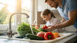 © fidaolga - Parent and Child Washing Fresh Vegetables Together at Kitchen Sink