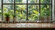 © WisChi - Assortment of clear glass laboratory beakers and flasks arranged on a wooden surface before a lush green window