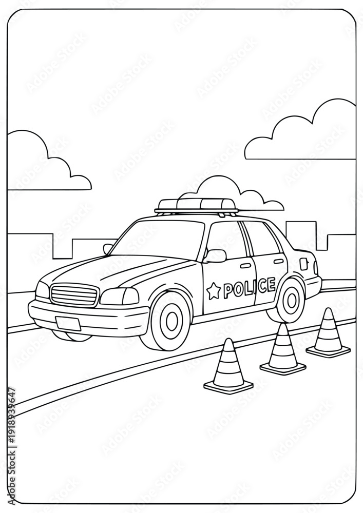 Police car coloring page for kids shows a patrol vehicle on a city ...