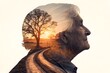 © IrenKa - Double exposure of elderly profile blended with countryside sunset scene featuring dirt road, leafless trees, and warm golden light symbolizing memory and reflection