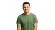 © Png Hub - Portrait of a smiling young man wearing a green t-shirt with short sleeves against a white background product shot isolated