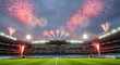 © MDGOLAM - Spectacular fireworks light up the night sky above a massive soccer stadium filled with cheering fans and bright stadium lights, celebrating a grand event.