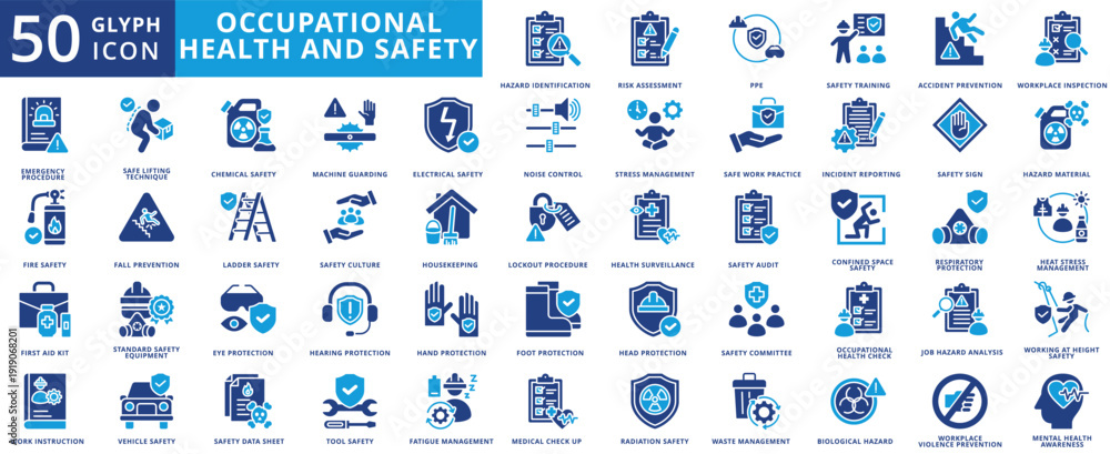 Occupational health and safety icon set flat containing hazard ...