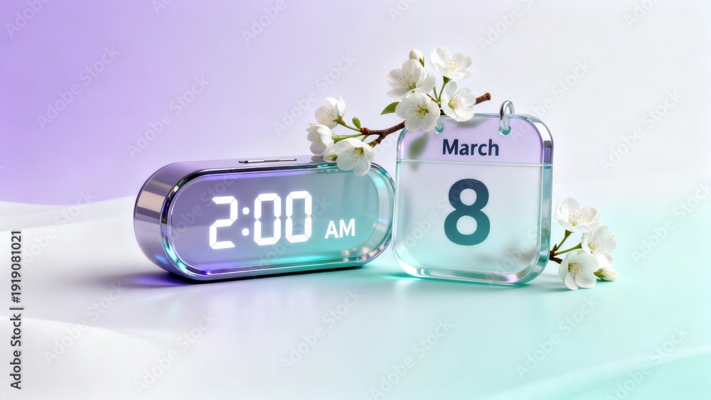 Daylight Saving Time 2026 Begins. Spring Forward Concept. 3D Glass ...