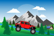 © antoniofrancois - Off Road Vector Illustration of SUV Traversing Rocky Terrain, Rivers, and Sand in a Flat Extreme Sport Style Cartoon Background