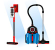 © antoniofrancois - Vacuum cleaner set Vertical or stick vacuum cleaner and classic vector illustration