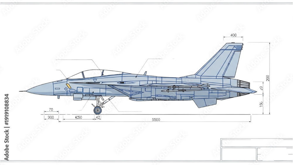 Detailed vehicle autocad blueprint of a fighter jet aircraft in a ...