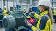 © Grimjow - Woman in a white hard hat and high-visibility jacket examining industrial equipment with a thermal imaging tablet in a factory setting with coworkers.