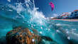 ©  VladaToday - Dynamic coastal wave closeup with turquoise water and kitesurfers for travel tourism advertising, adventure sports promotion and beach destination marketing campaigns