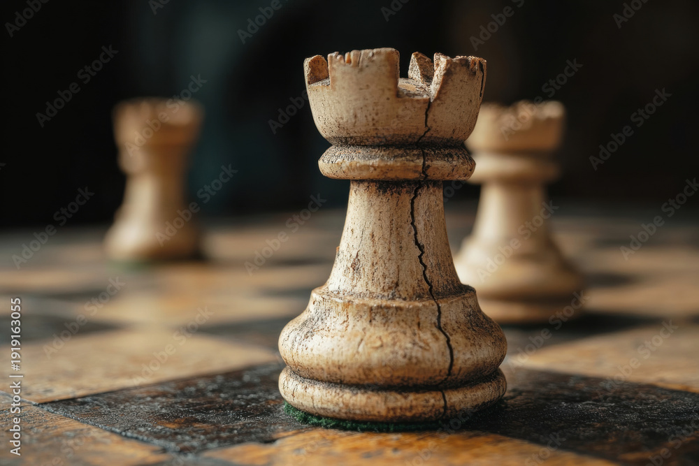 Old cracked rook chess piece on worn chessboard. Concept of strategy ...