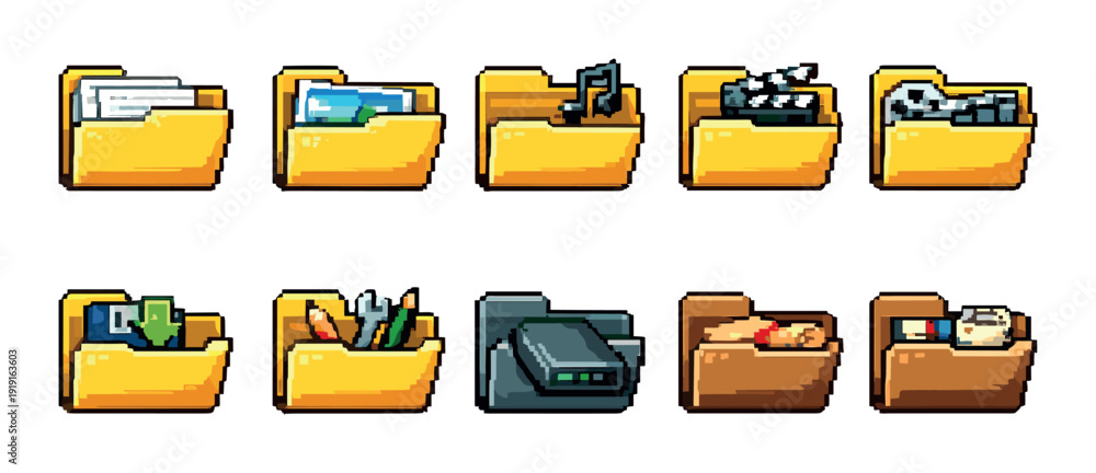 Pixel folder icon collection for media and documents with photo, music ...